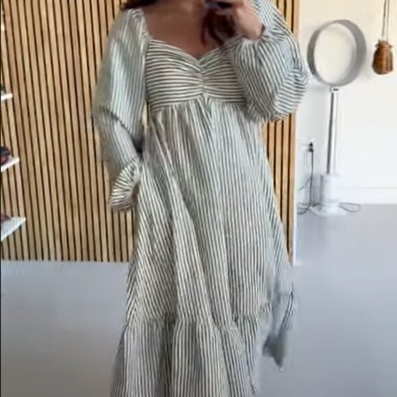 The Kaye Striped Puff Sleeve Dress in Olive + Ivory - Picture 1 of 2